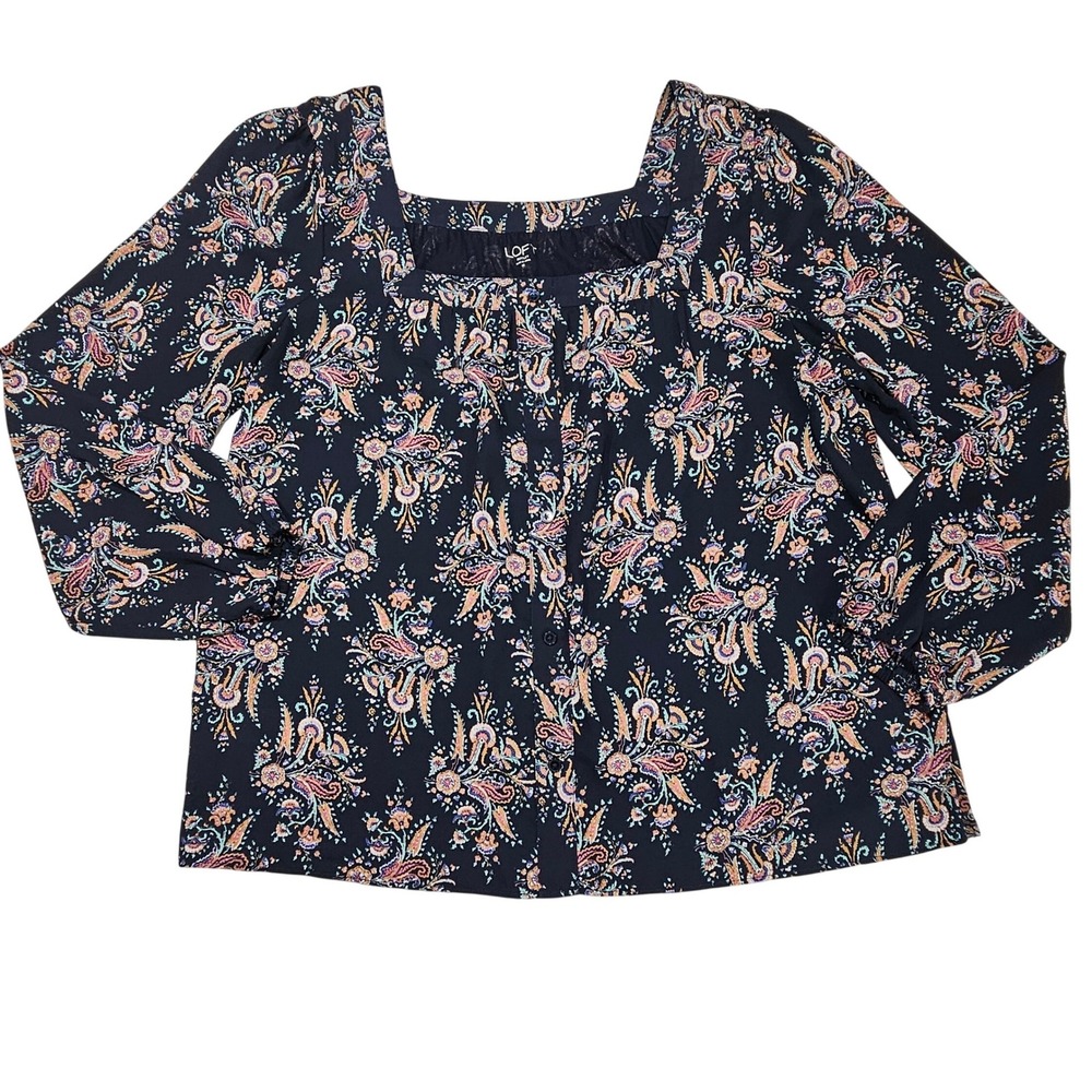 Loft Outlet Navy Blue Paisley Floral Square Neck Button Front Blouse Size M